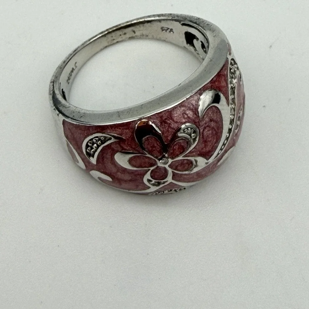 Vtg QVC Designer JWBR Sterling Silver Diamond Ring Floral Pink Enamel Sz7.25